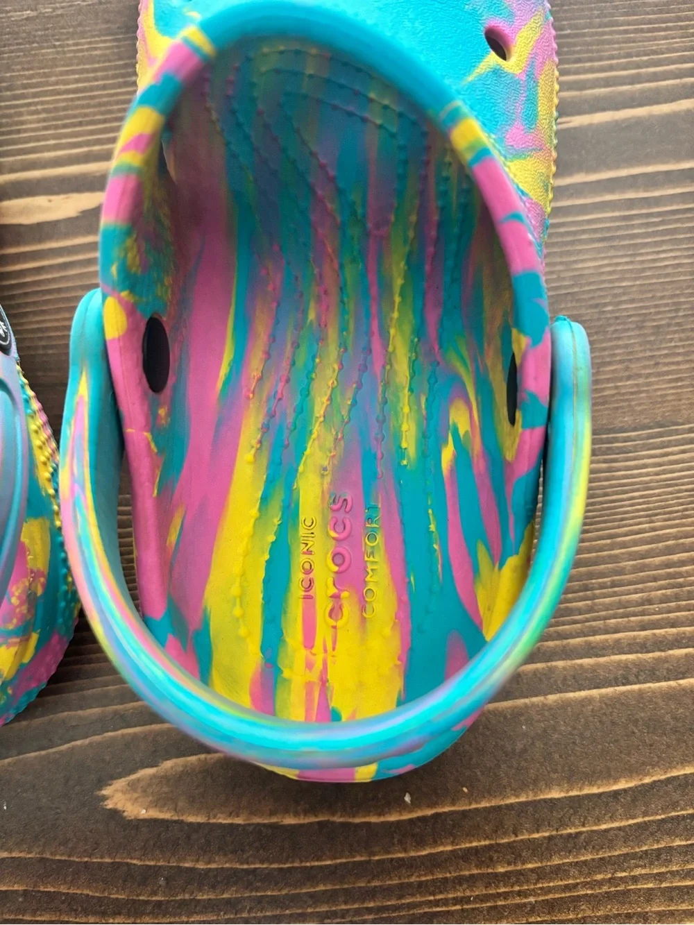 CROCS Kids Teal Water Clogs with Pink and Yellow Swirl